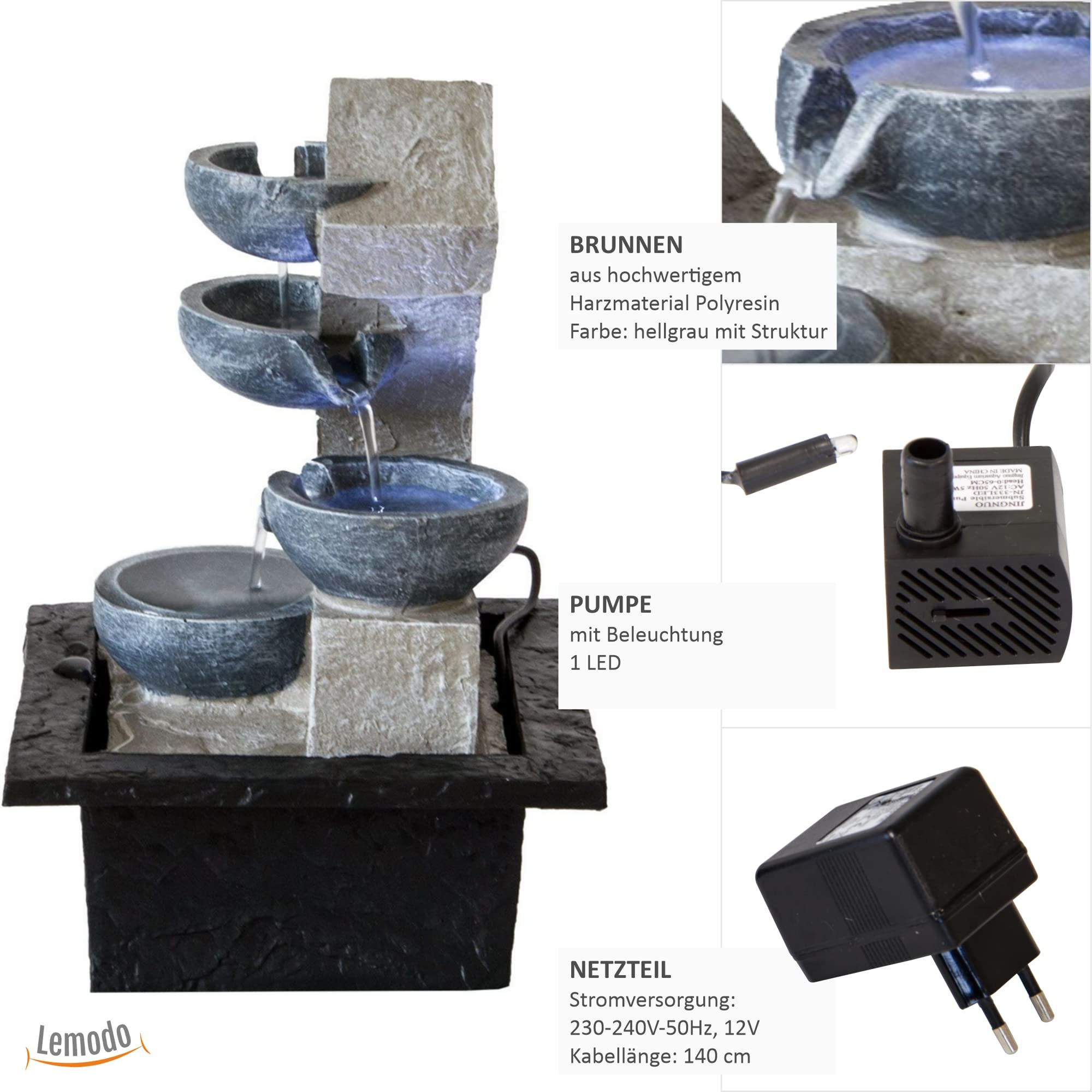 lemodo-zimmerbrunnen-tischbrunnen-beton-optik-mit-led-und-pumpe image 2