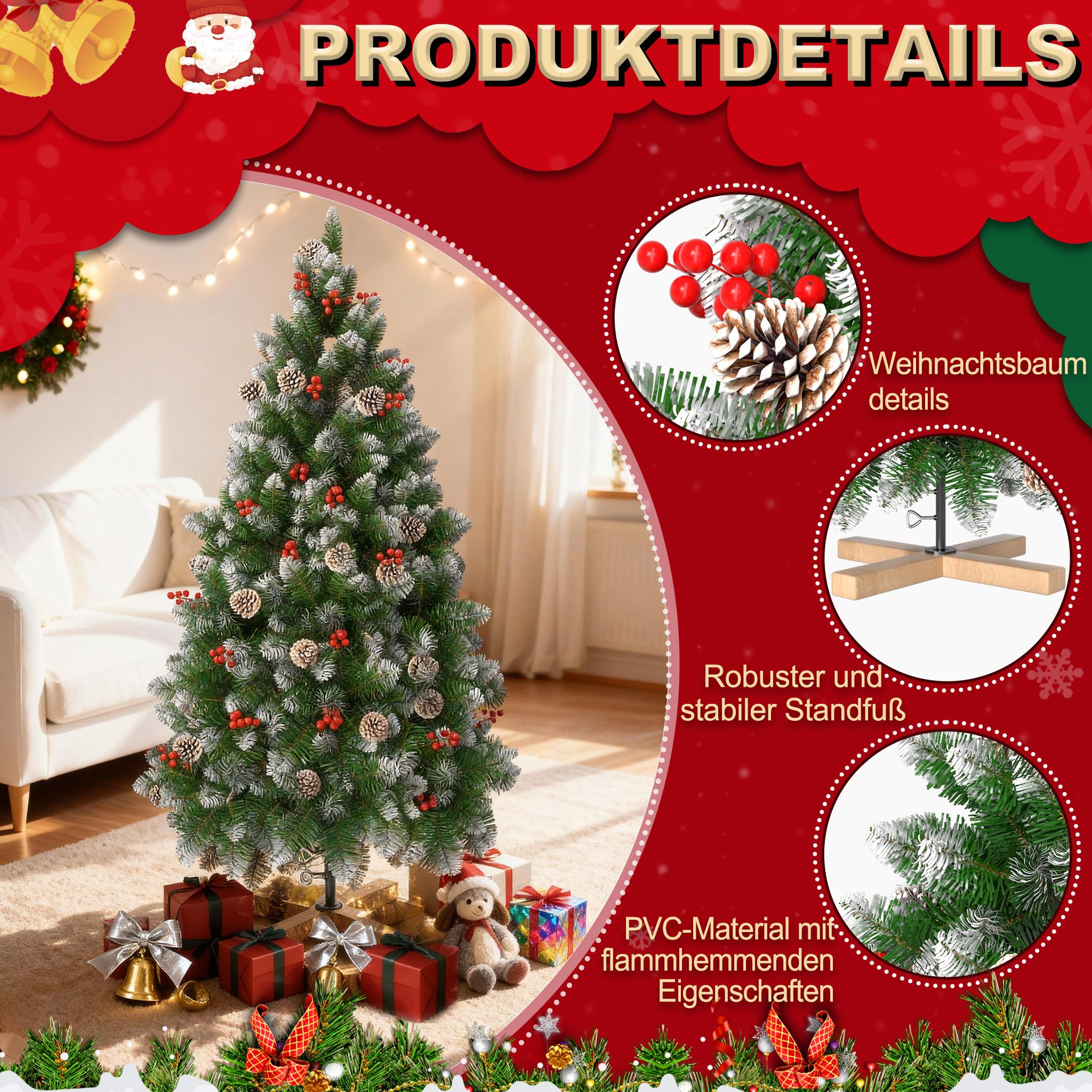 fivmen-weihnachtsbaum-k-nstlich-150-cm-mit-schnee-kiefernzapfen-und-beeren image 3