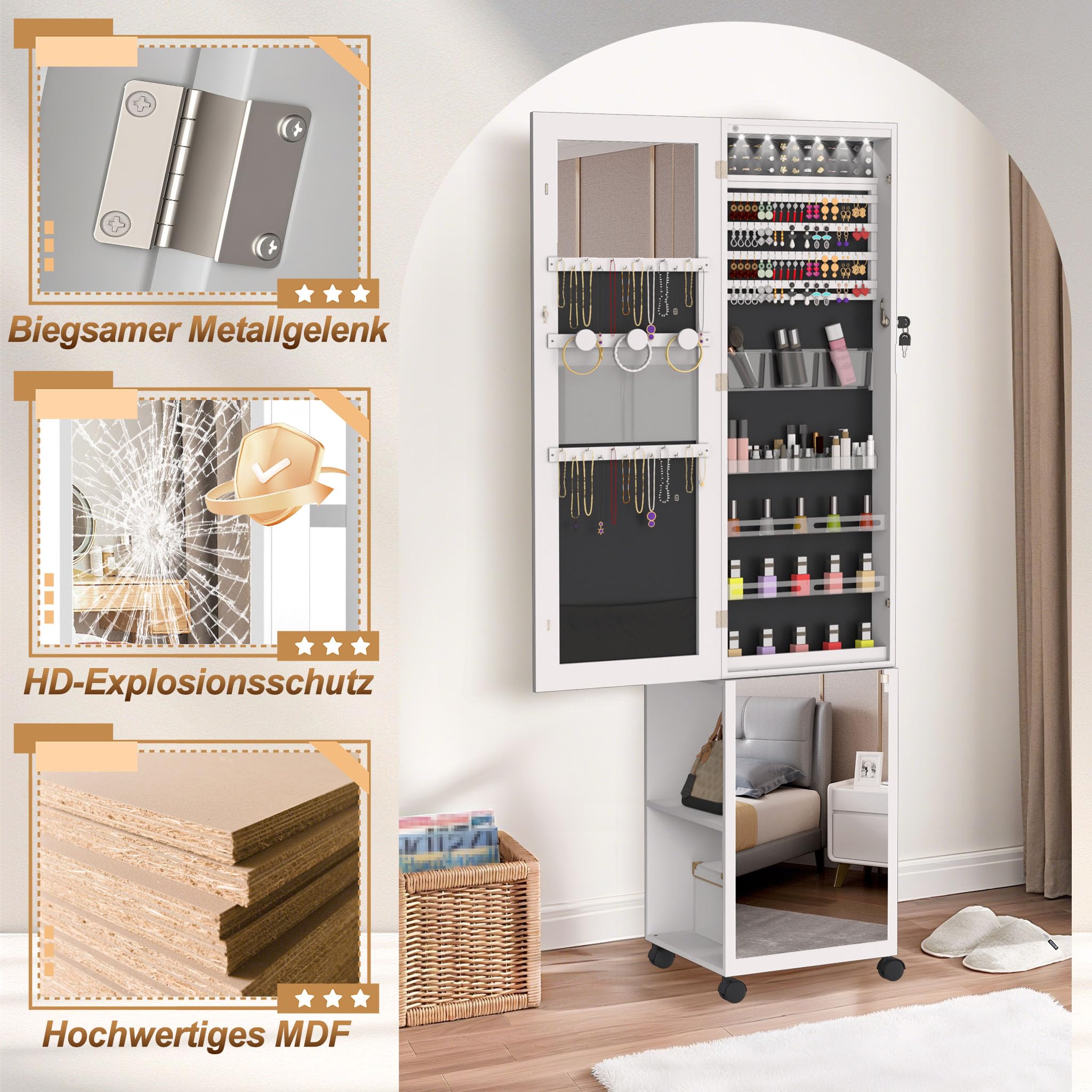 fivmen-schmuckschrank-mit-spiegel-wei-spiegelschrank-mit-rollen-und-6-leds image 5