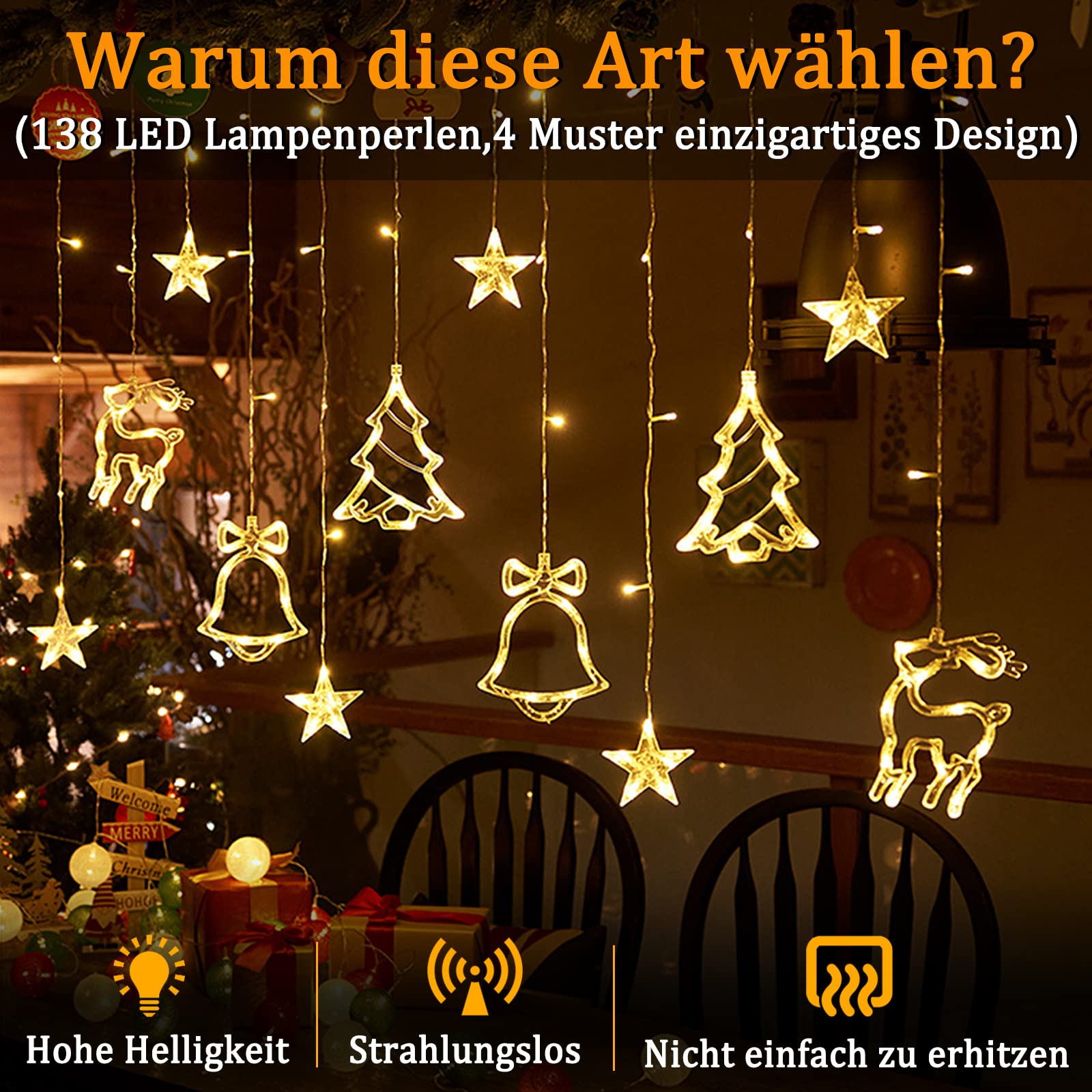 fivmen-weihnachtsdeko-lichtervorhang-138-led-sterne-2-5-x-0-9-m-warmwei image 3