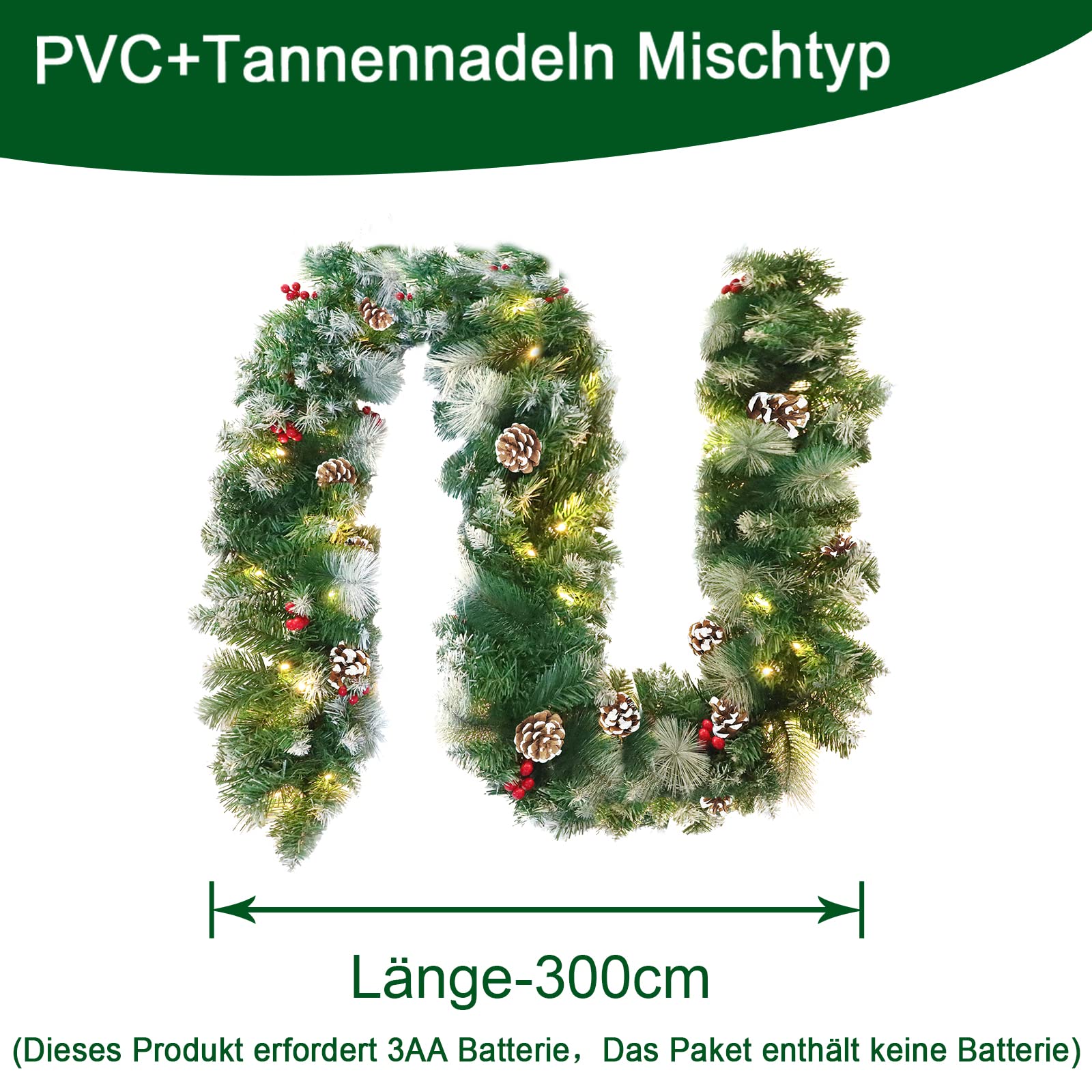 fivmen-weihnachtsgirlande-mit-beleuchtung-300-cm-batterie-tannenzapfen image 2