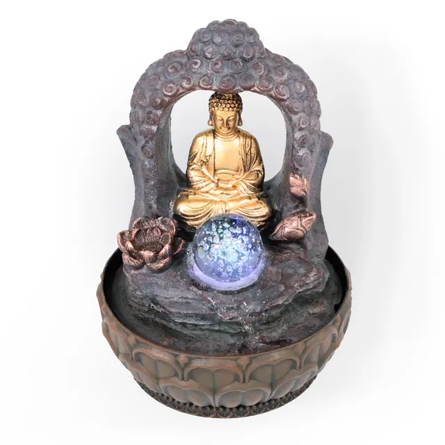 lemodo-zimmerbrunnen-buddha-mit-bogen-und-kugel-led-tischbrunnen-polyresin image 1