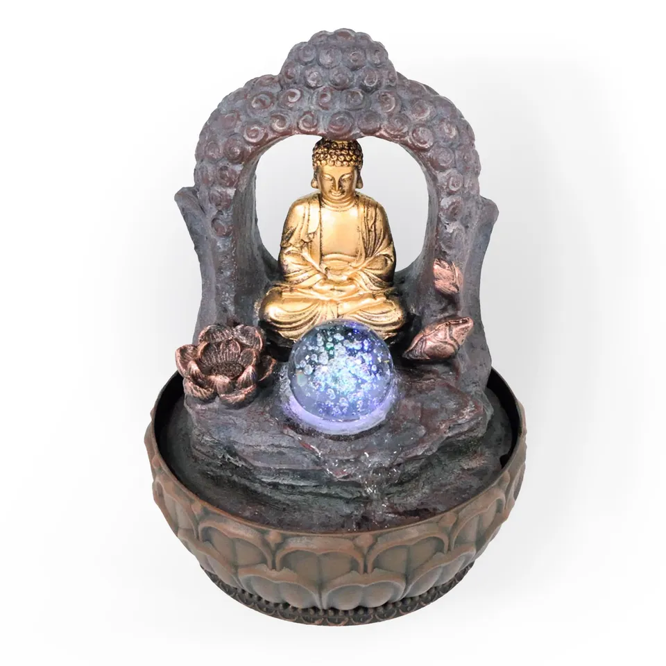 lemodo-zimmerbrunnen-buddha-mit-bogen-und-kugel-led-tischbrunnen-polyresin image 1