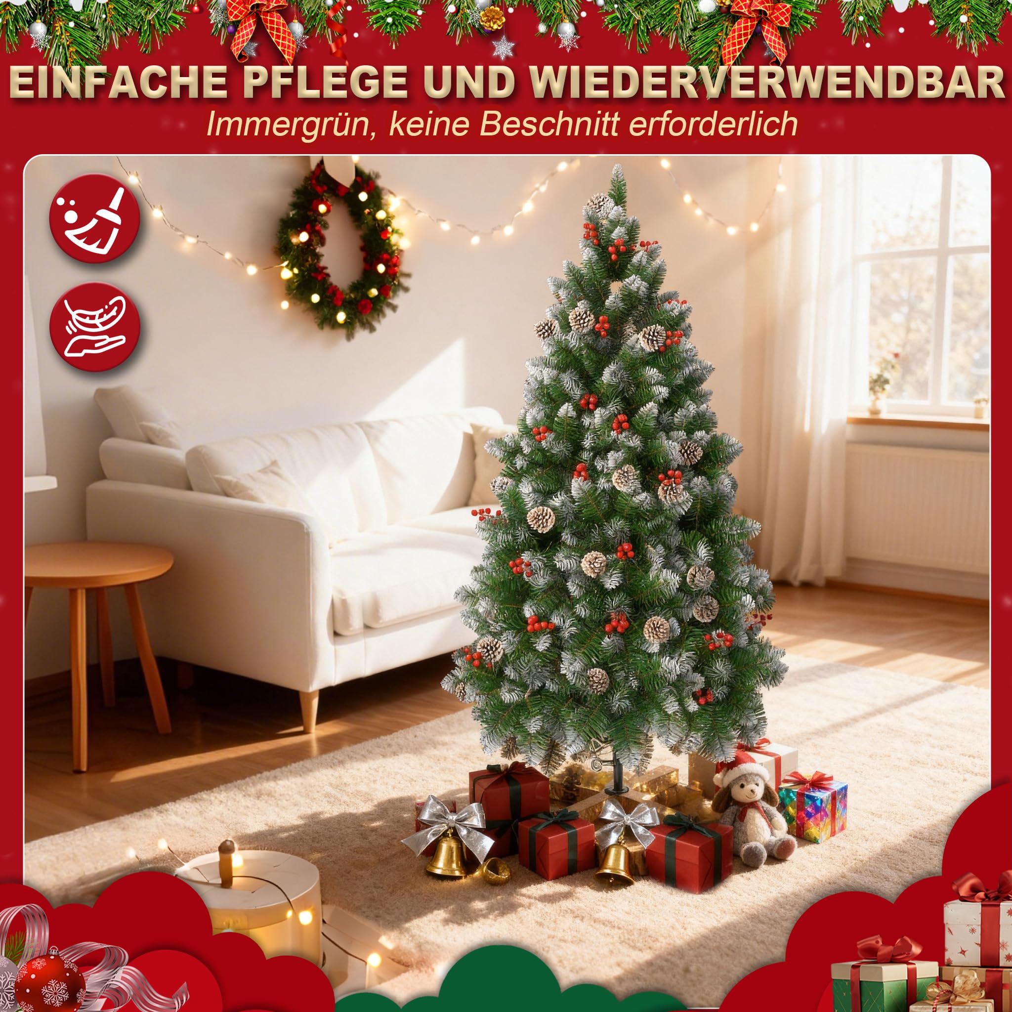 fivmen-weihnachtsbaum-k-nstlich-150-cm-mit-schnee-kiefernzapfen-und-beeren image 6