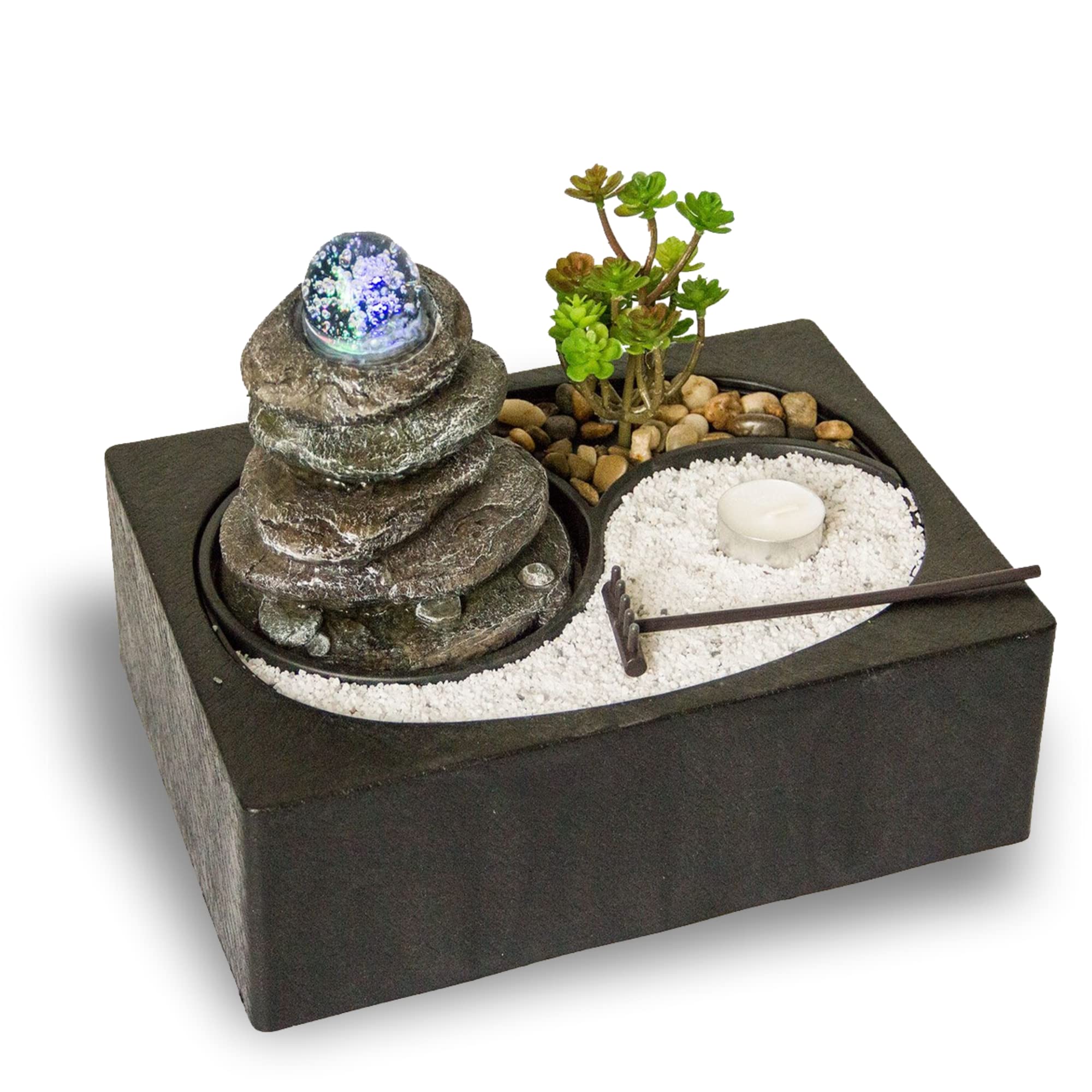 lemodo-zimmerbrunnen-tischbrunnen-mit-led-glaskugel-und-yin-yang-felsengarten image 1