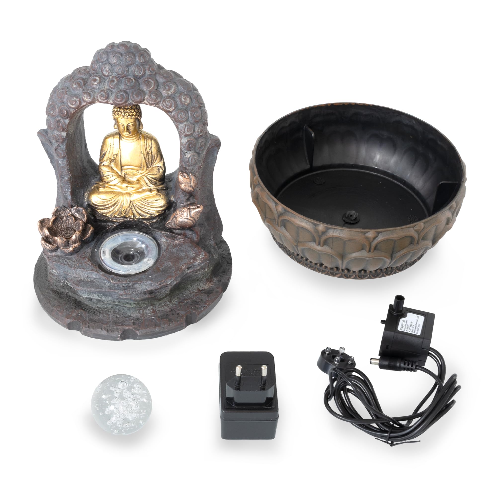 lemodo-zimmerbrunnen-buddha-mit-bogen-und-kugel-led-tischbrunnen-polyresin image 3
