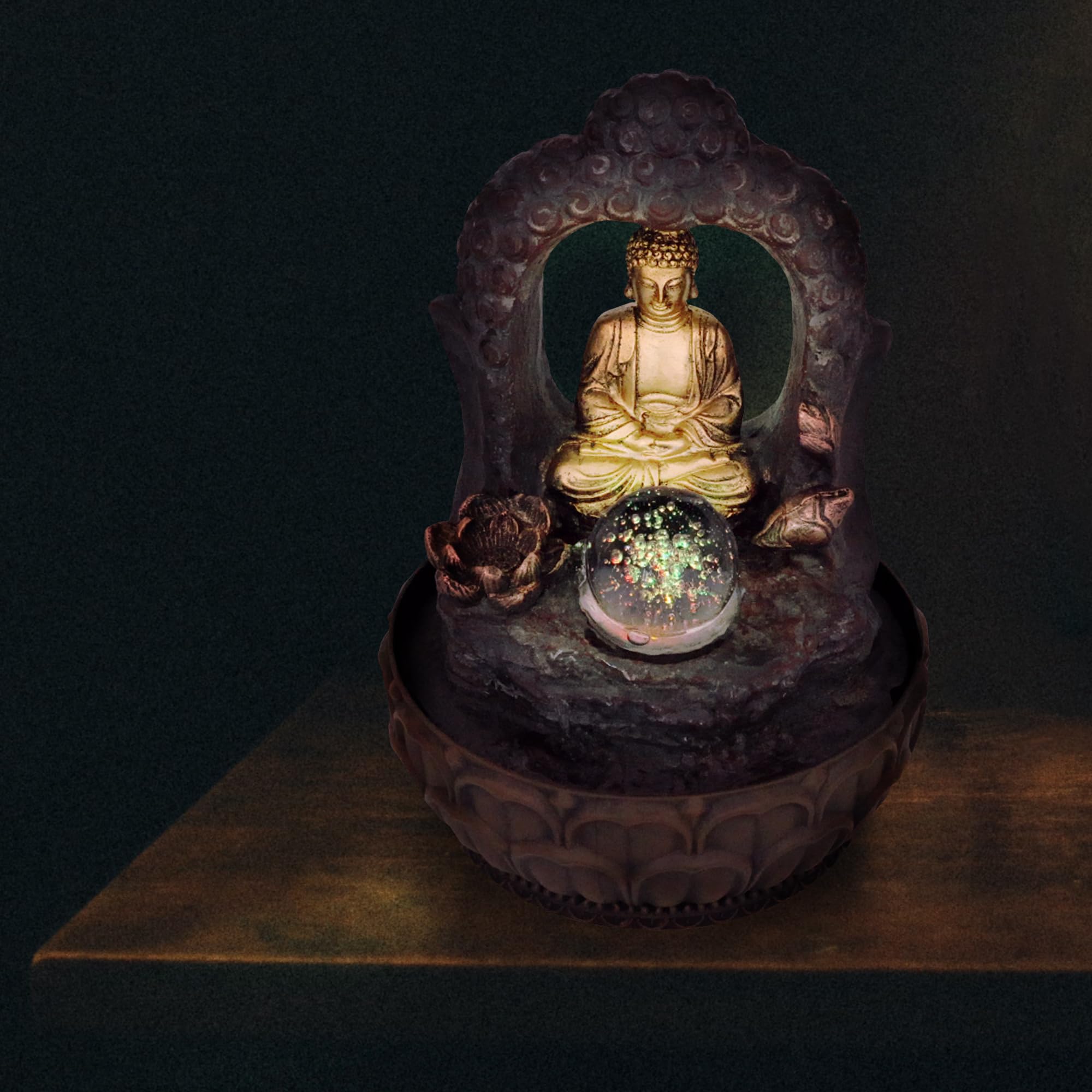 lemodo-zimmerbrunnen-buddha-mit-bogen-und-kugel-led-tischbrunnen-polyresin image 7