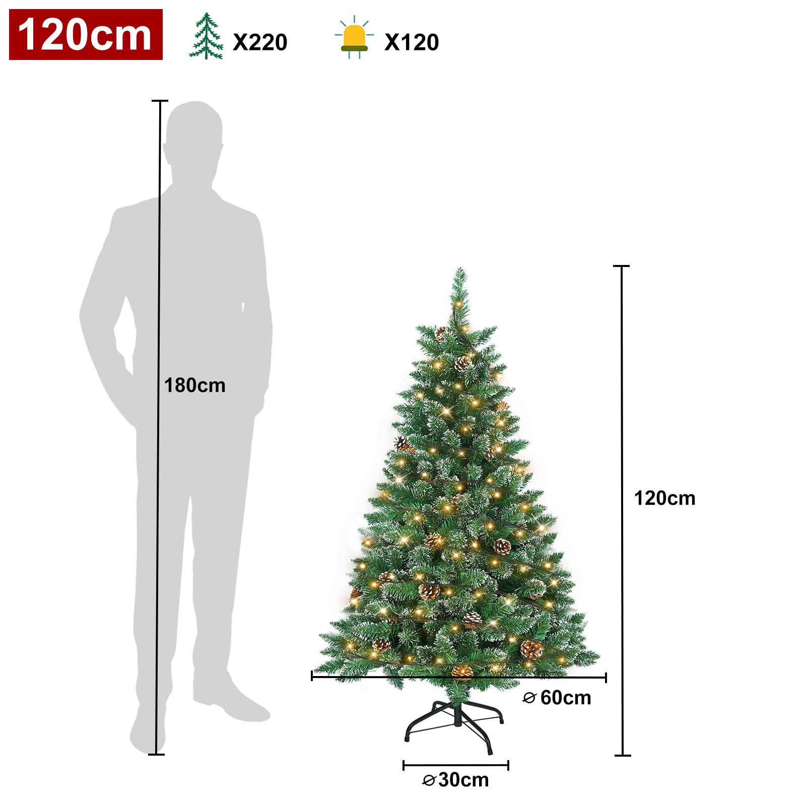 fivmen-weihnachtsbaum-k-nstlich-120-cm-mit-beleuchtung-120-led-mit-schnee-und-ki image 2