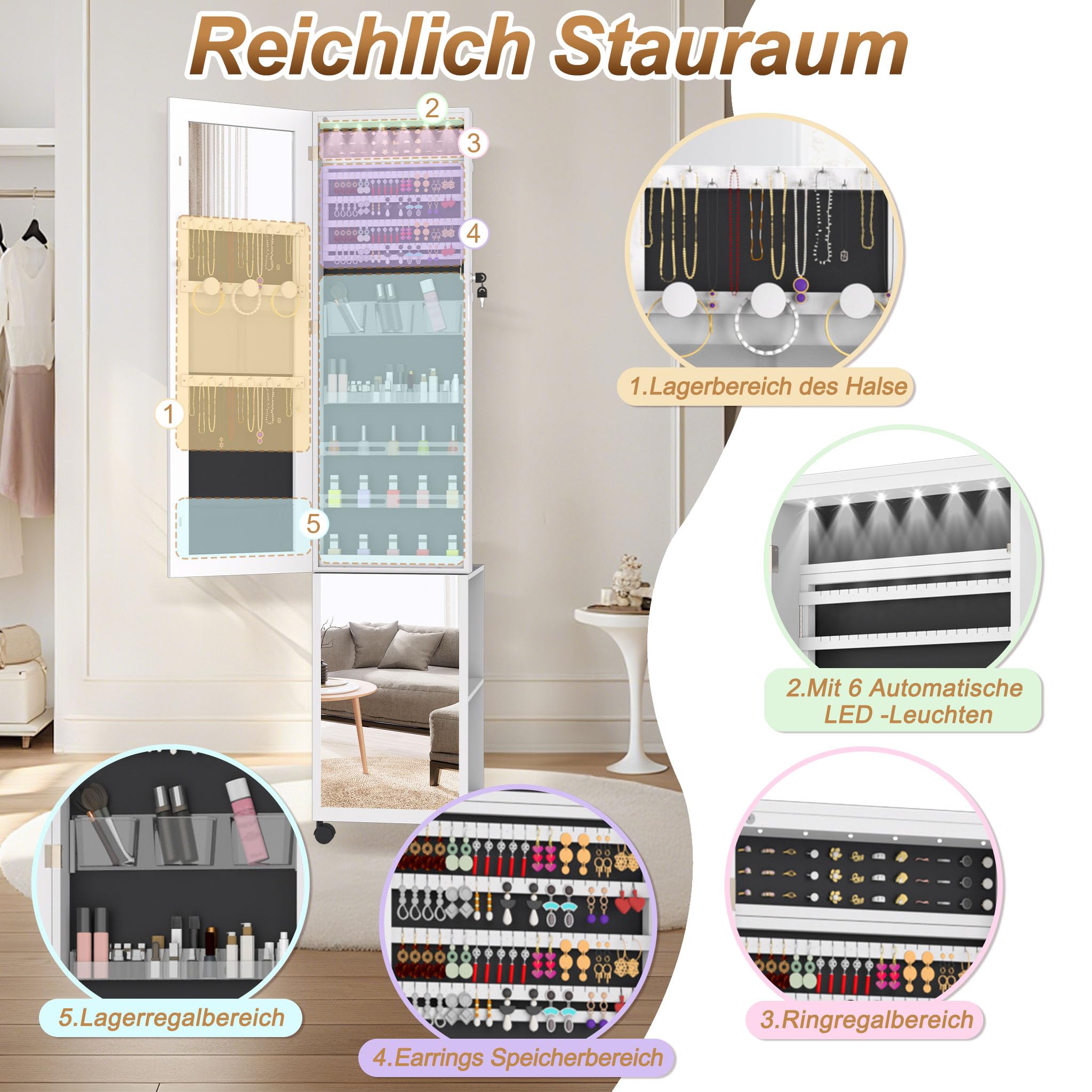 fivmen-schmuckschrank-mit-spiegel-wei-spiegelschrank-mit-rollen-und-6-leds image 4