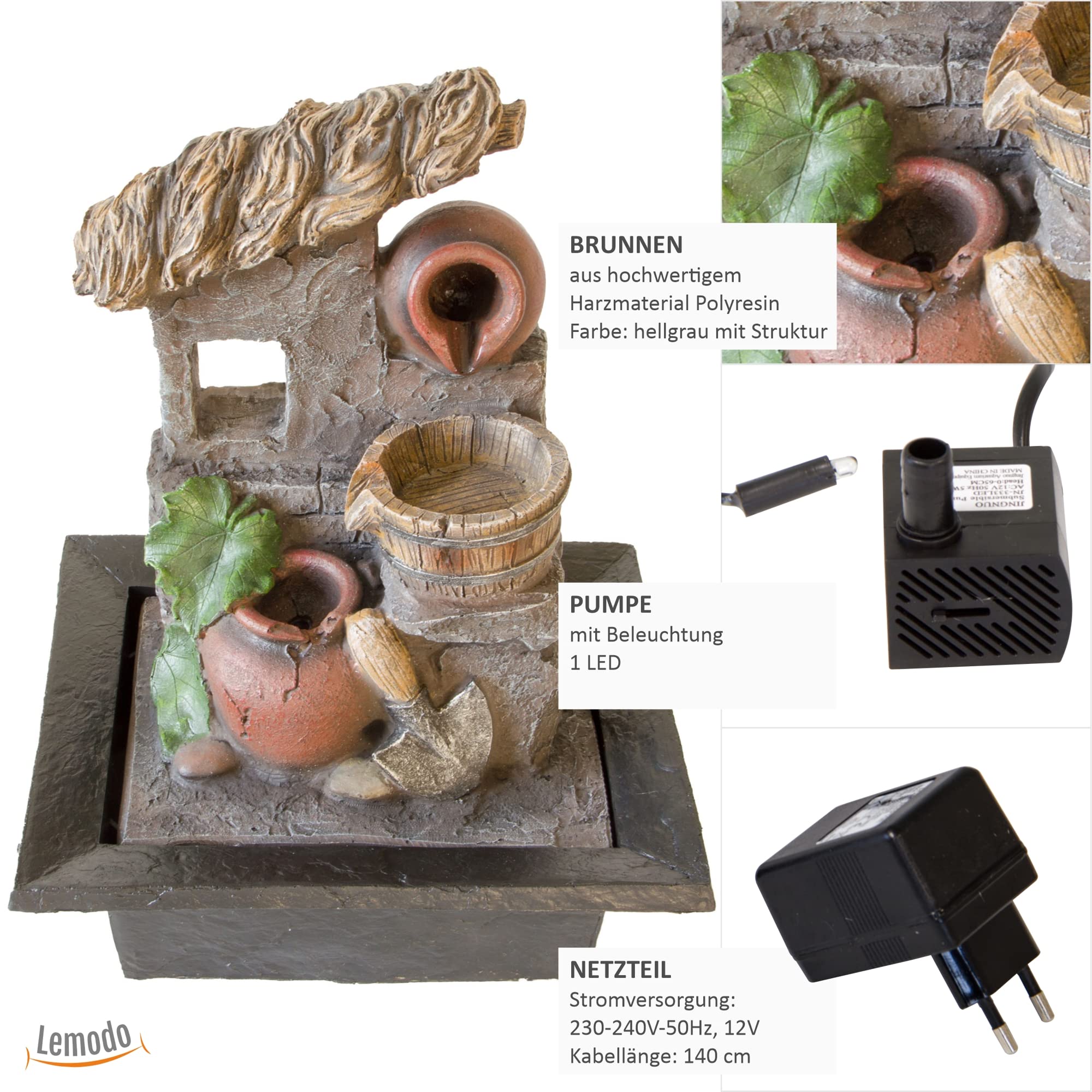 lemodo-nativ-zimmerbrunnen-toskana-mit-led-tischbrunnen-grau image 2