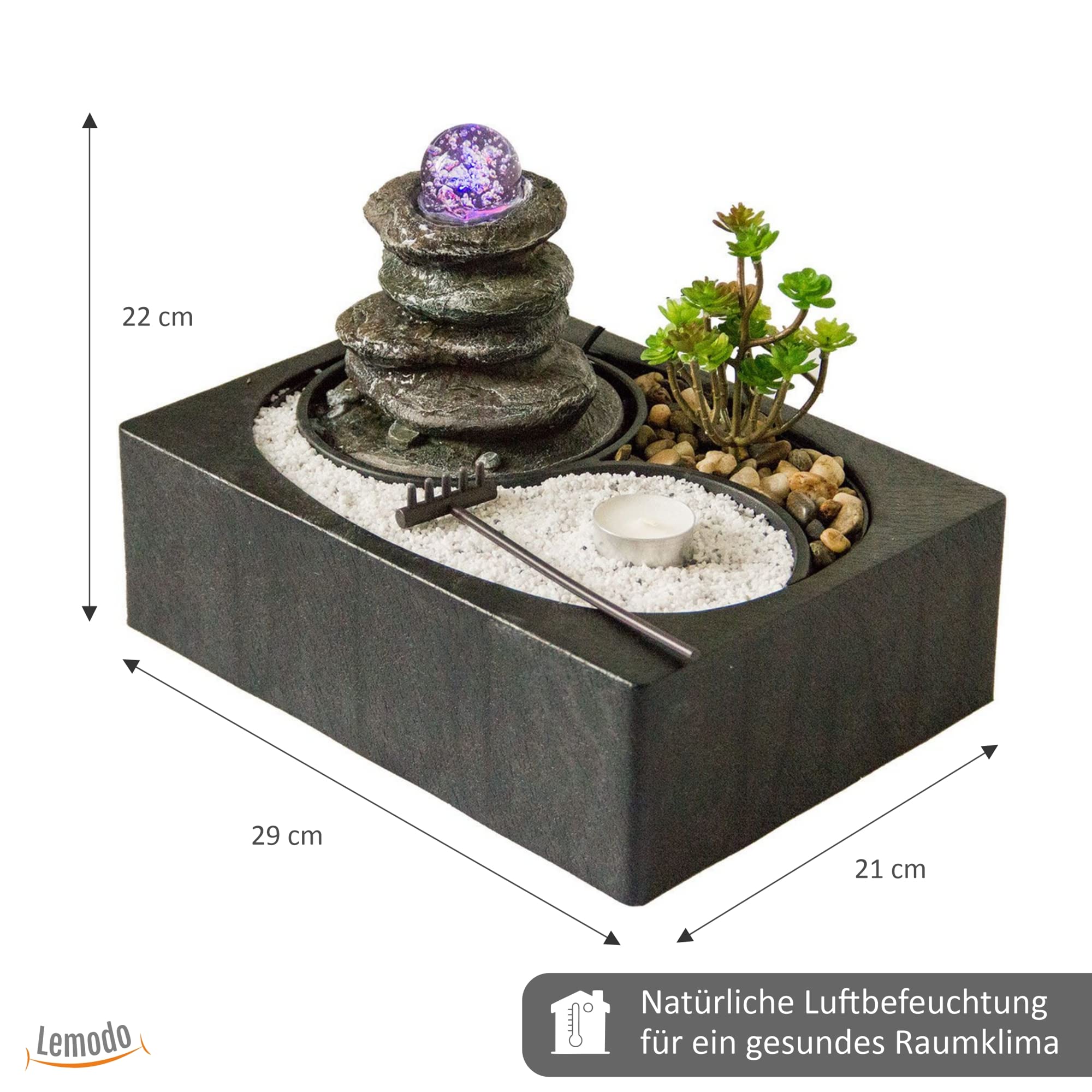 lemodo-zimmerbrunnen-tischbrunnen-mit-led-glaskugel-und-yin-yang-felsengarten image 3