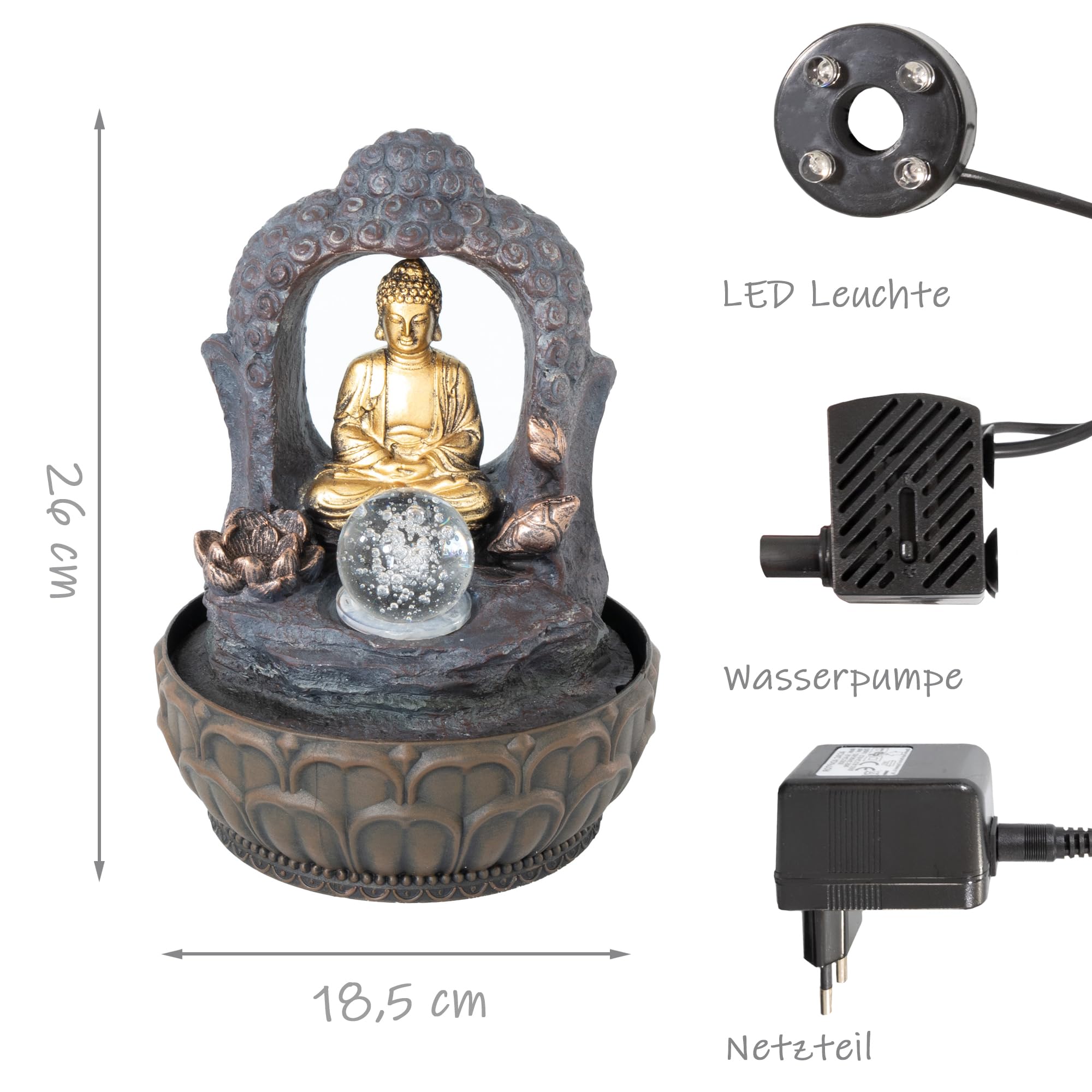 lemodo-zimmerbrunnen-buddha-mit-bogen-und-kugel-led-tischbrunnen-polyresin image 2