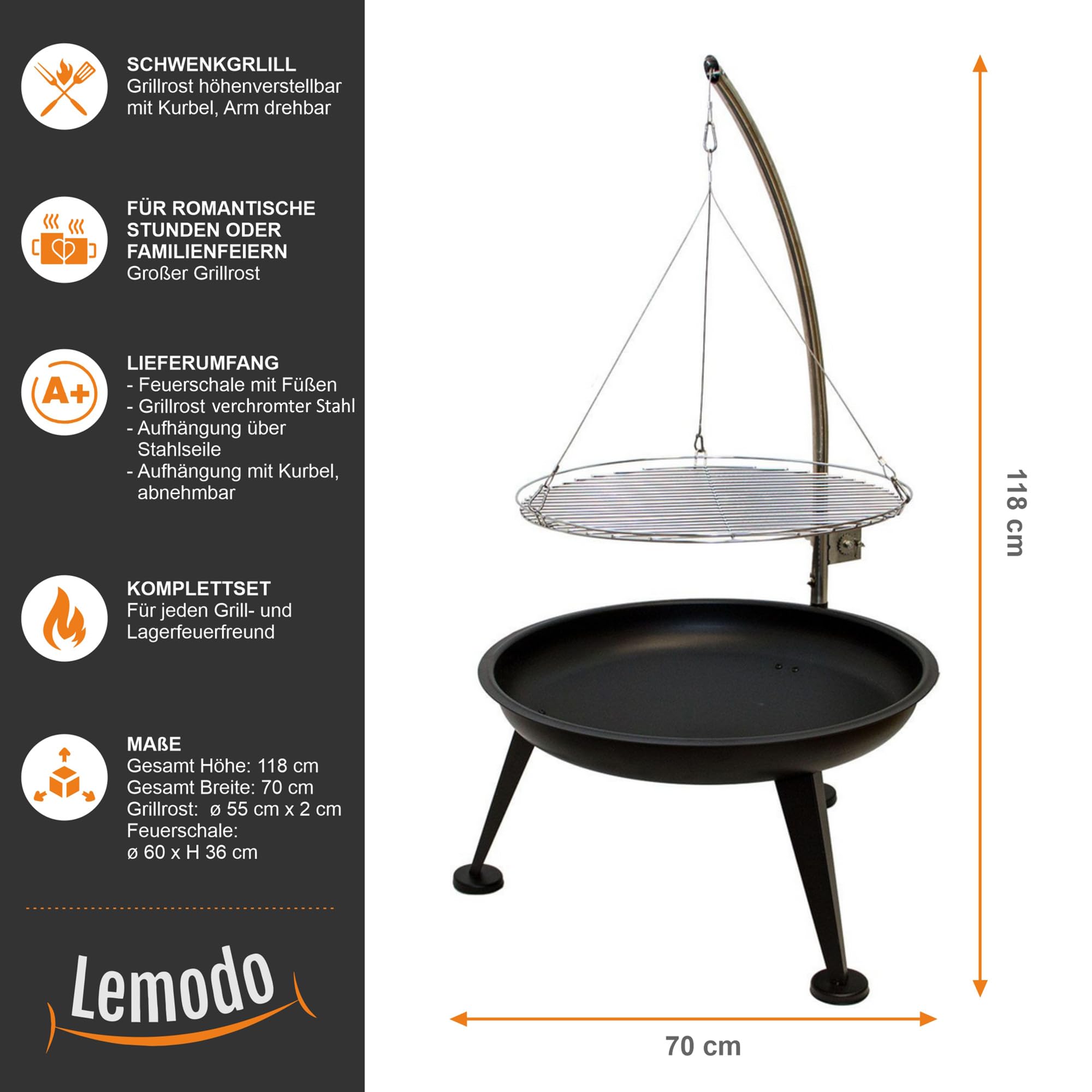 lemodo-feuerschale-mit-schwenkgrill-dreibein-grillrost-edelstahl image 2