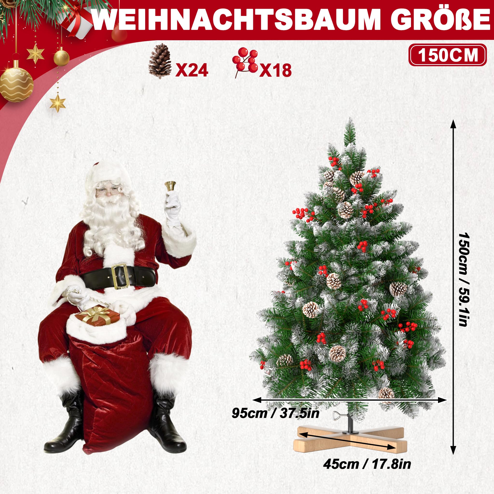 fivmen-weihnachtsbaum-k-nstlich-150-cm-mit-schnee-kiefernzapfen-und-beeren image 2