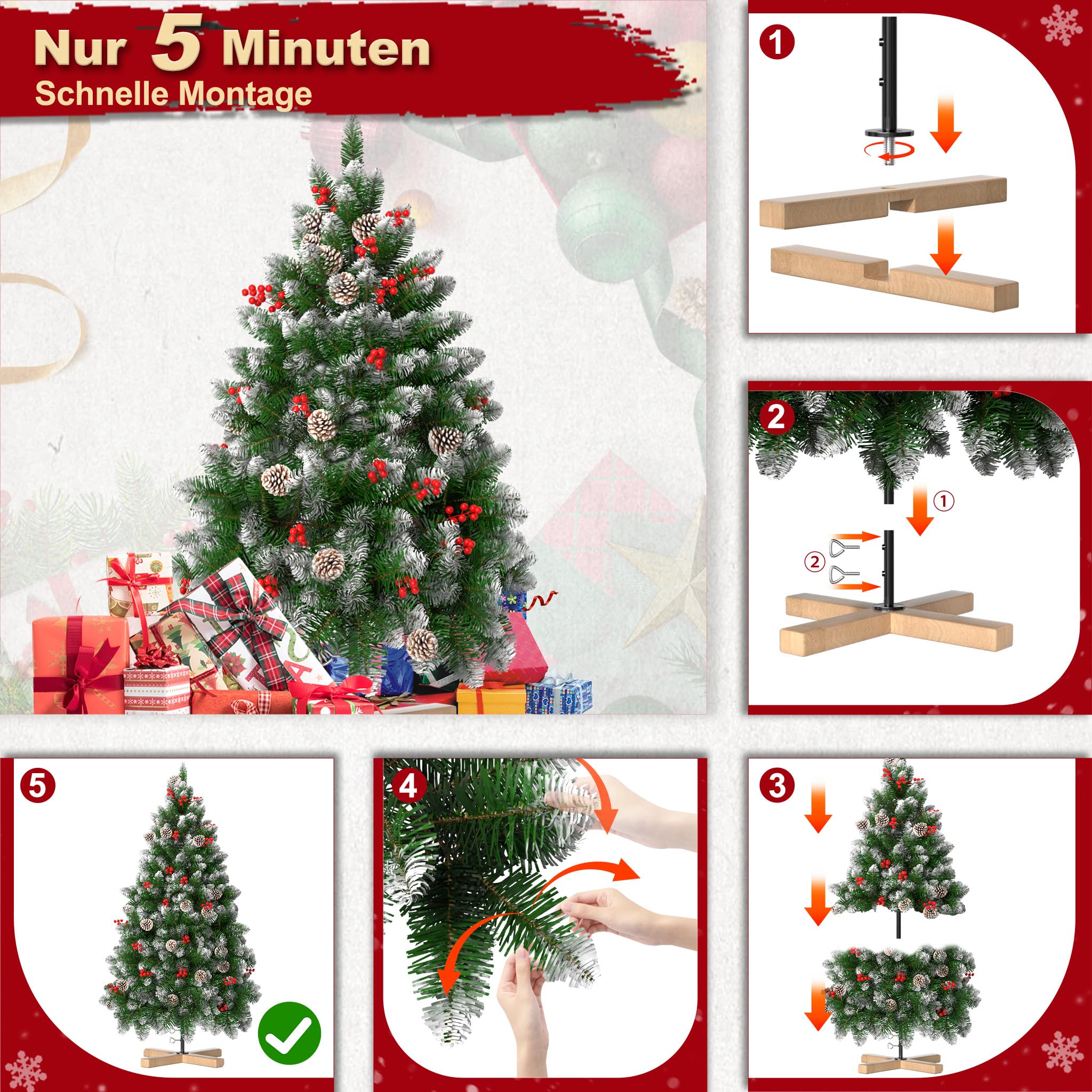 fivmen-weihnachtsbaum-k-nstlich-150-cm-mit-schnee-kiefernzapfen-und-beeren image 4