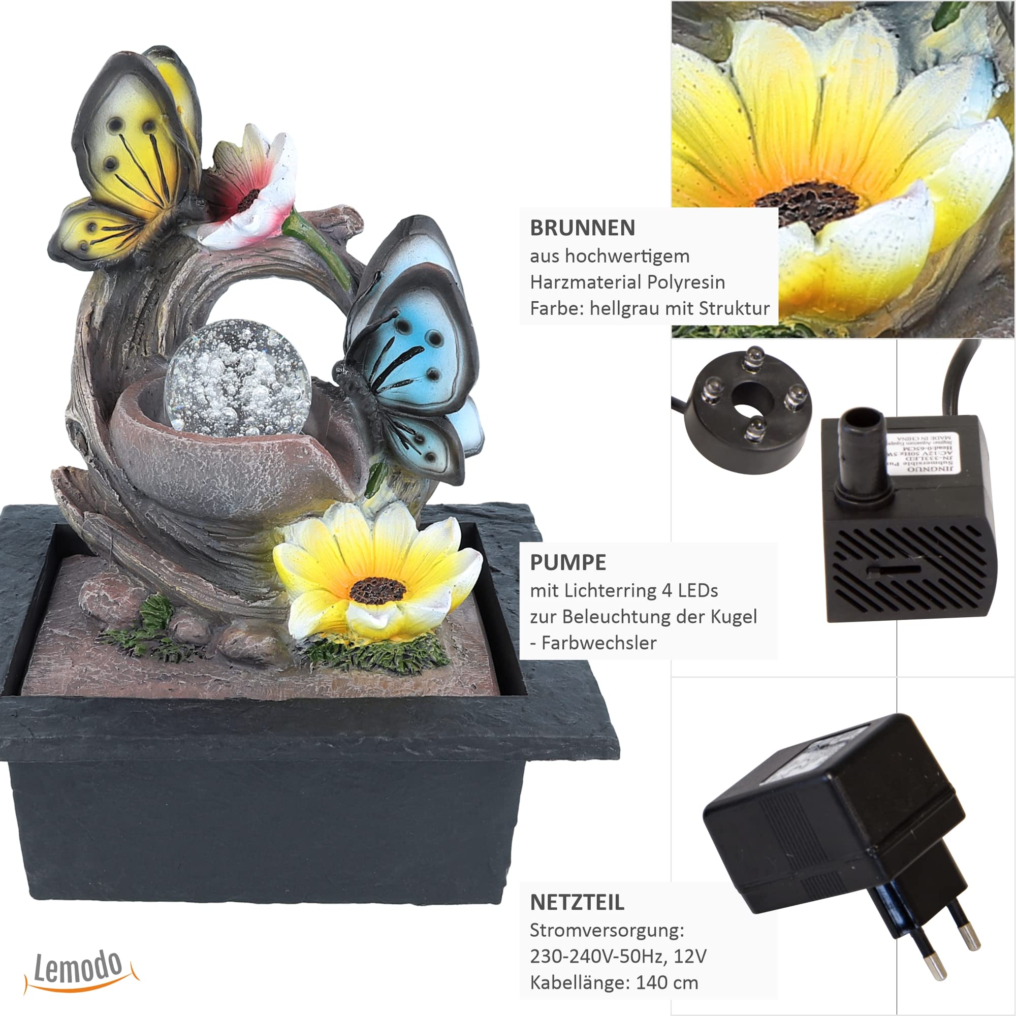 lemodo-zimmerbrunnen-schmetterling-motiv-mit-pumpe-und-rotierender-kugel-tischbr image 2