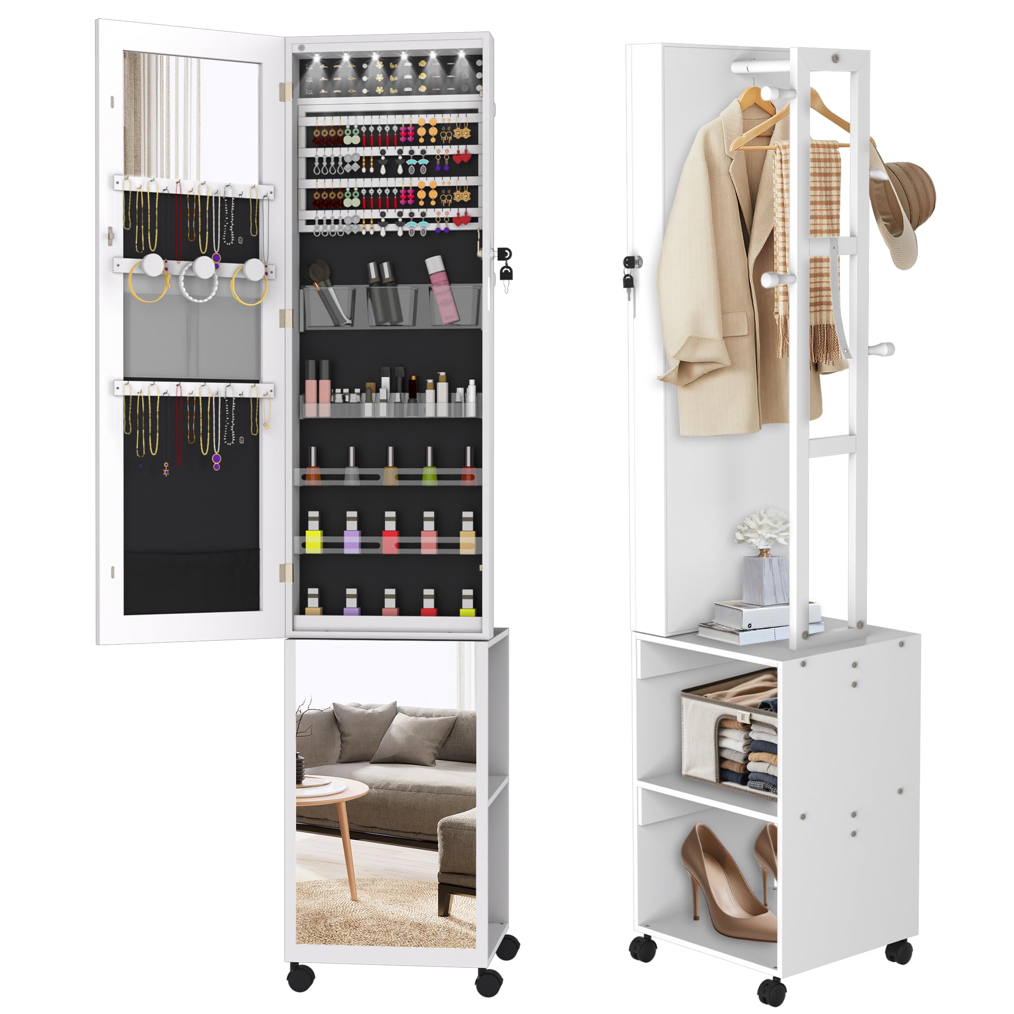 fivmen-schmuckschrank-mit-spiegel-wei-spiegelschrank-mit-rollen-und-6-leds image 1