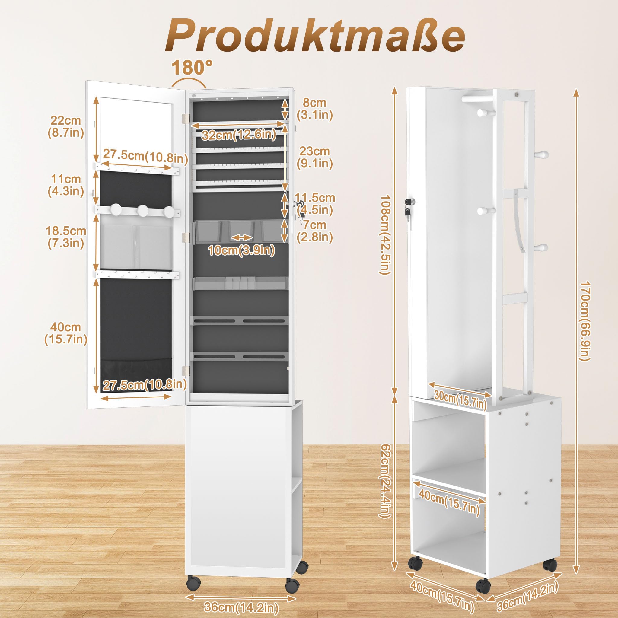 fivmen-schmuckschrank-mit-spiegel-wei-spiegelschrank-mit-rollen-und-6-leds image 2