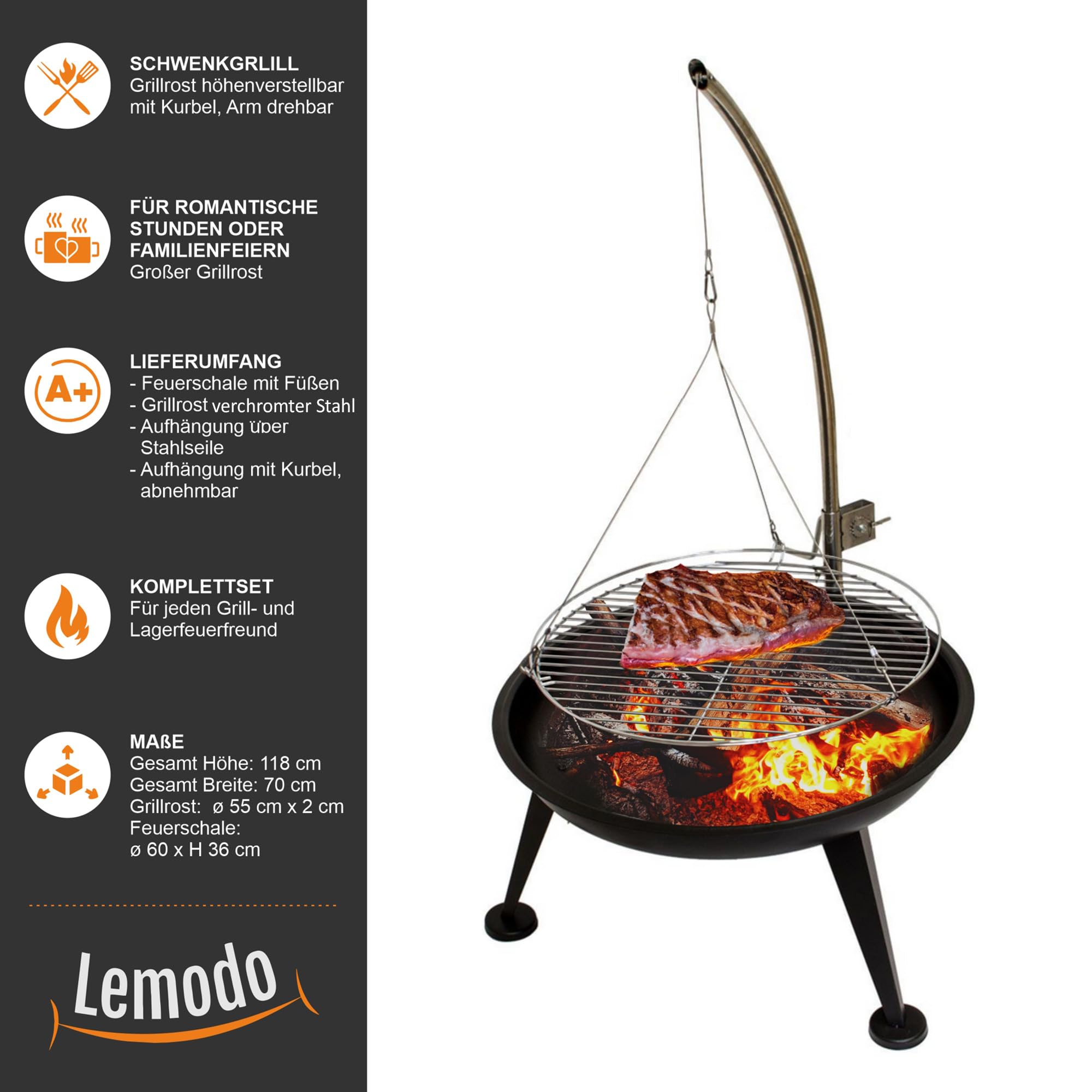 lemodo-feuerschale-mit-schwenkgrill-dreibein-grillrost-edelstahl image 6