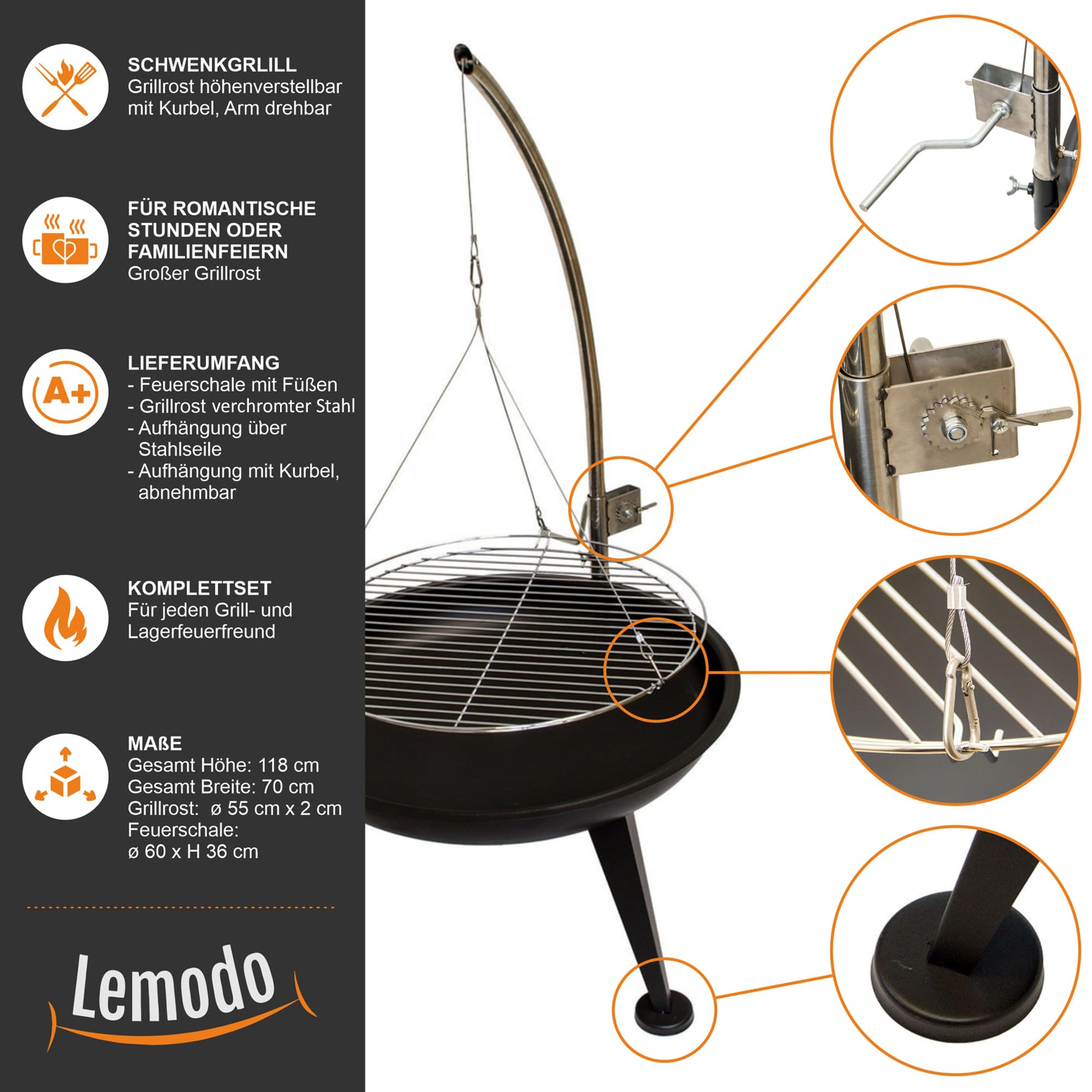 lemodo-feuerschale-mit-schwenkgrill-dreibein-grillrost-edelstahl image 5