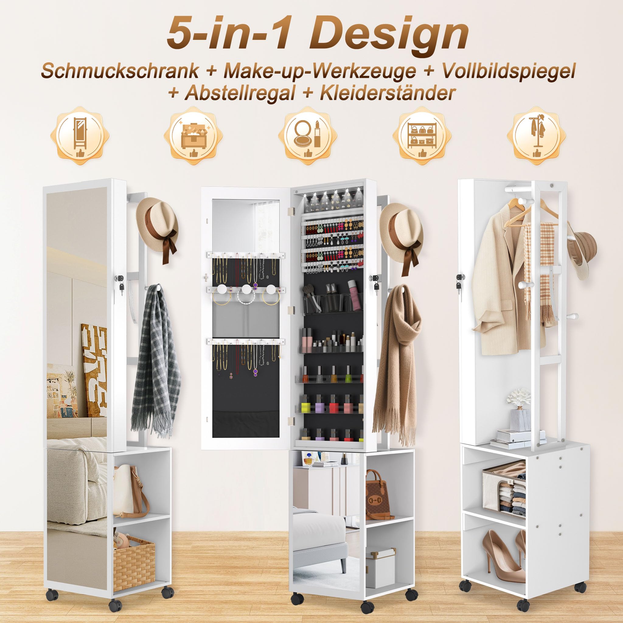 fivmen-schmuckschrank-mit-spiegel-wei-spiegelschrank-mit-rollen-und-6-leds image 7