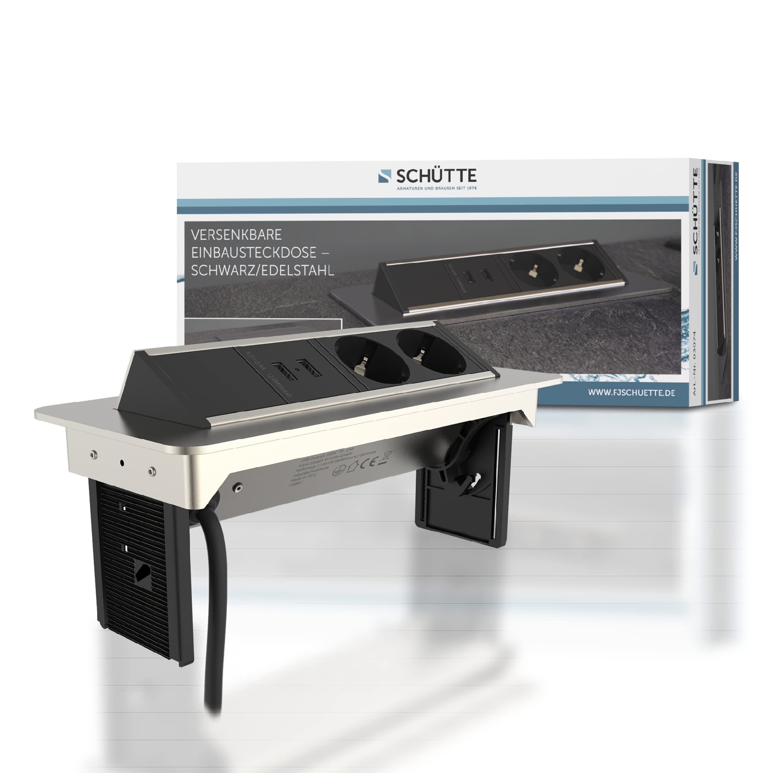 sch-tte-3074-klappbare-einbausteckdose-2x-usb-2x-230v-edelstahl-f-r-arbeitsplatt image 1