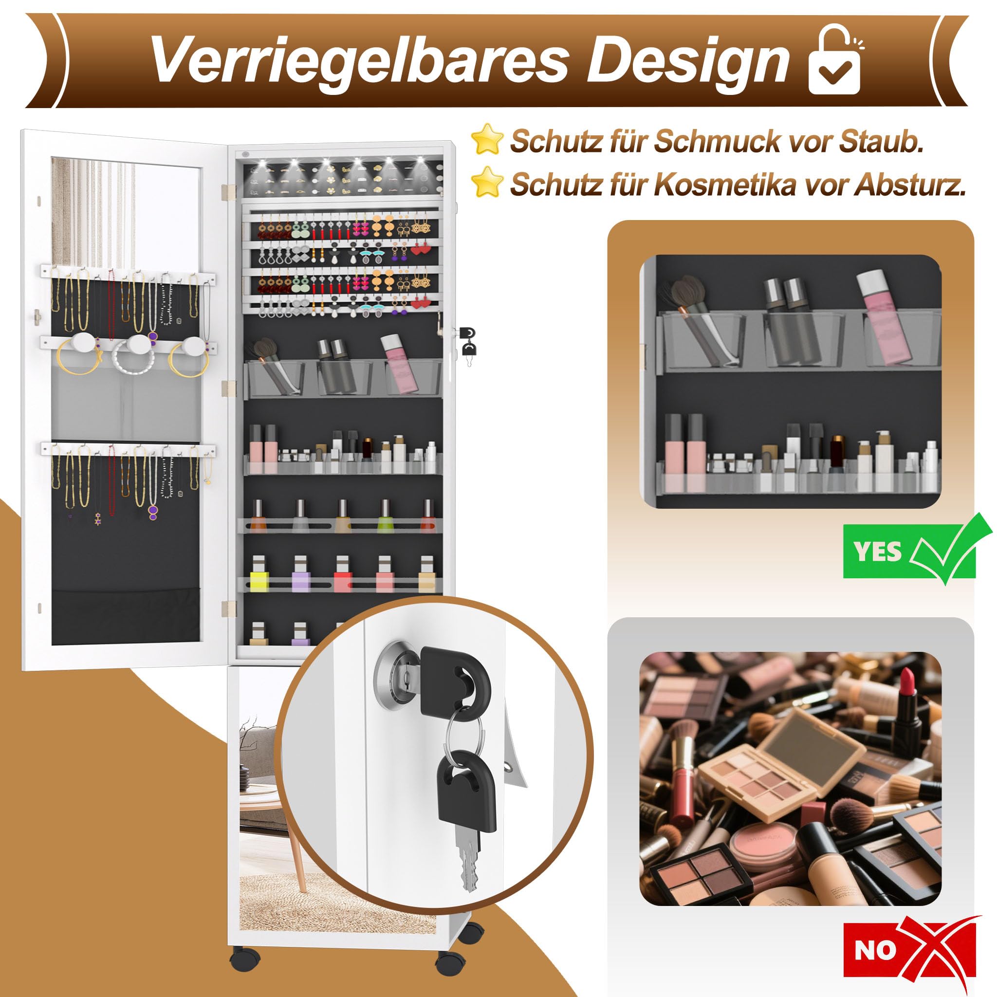 fivmen-schmuckschrank-mit-spiegel-wei-spiegelschrank-mit-rollen-und-6-leds image 6